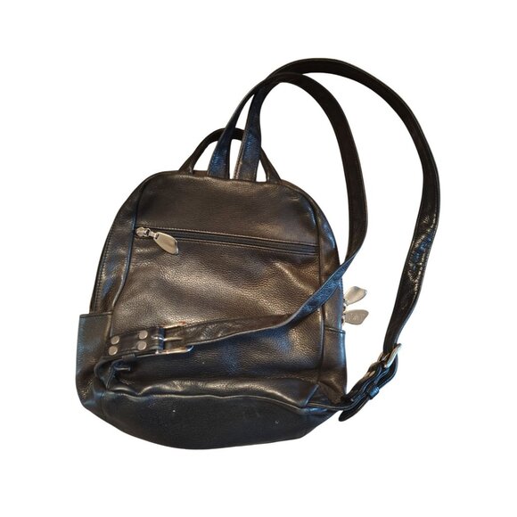 Libaire Black Leather Backpack Bag, Adjustable Straps Zip Close Pockets Spft - Picture 2 of 8